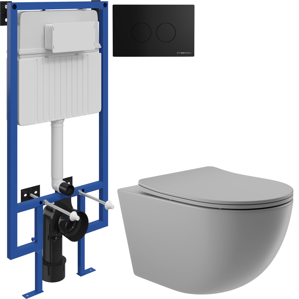 Комплект Унитаз подвесной Aqueduto Ovo OVO0130 безободковый, с микролифтом, серый матовый + Инсталляция STWORKI + Кнопка Хельсинки 500471 черная матовая