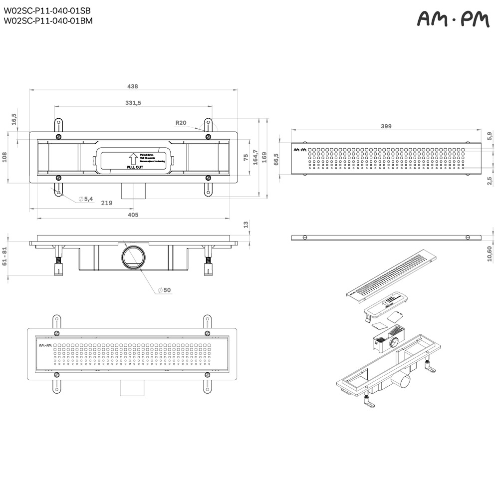 Душевой трап AM.PM PrimeFlow W02SC-P11-040-01SB хром матовый