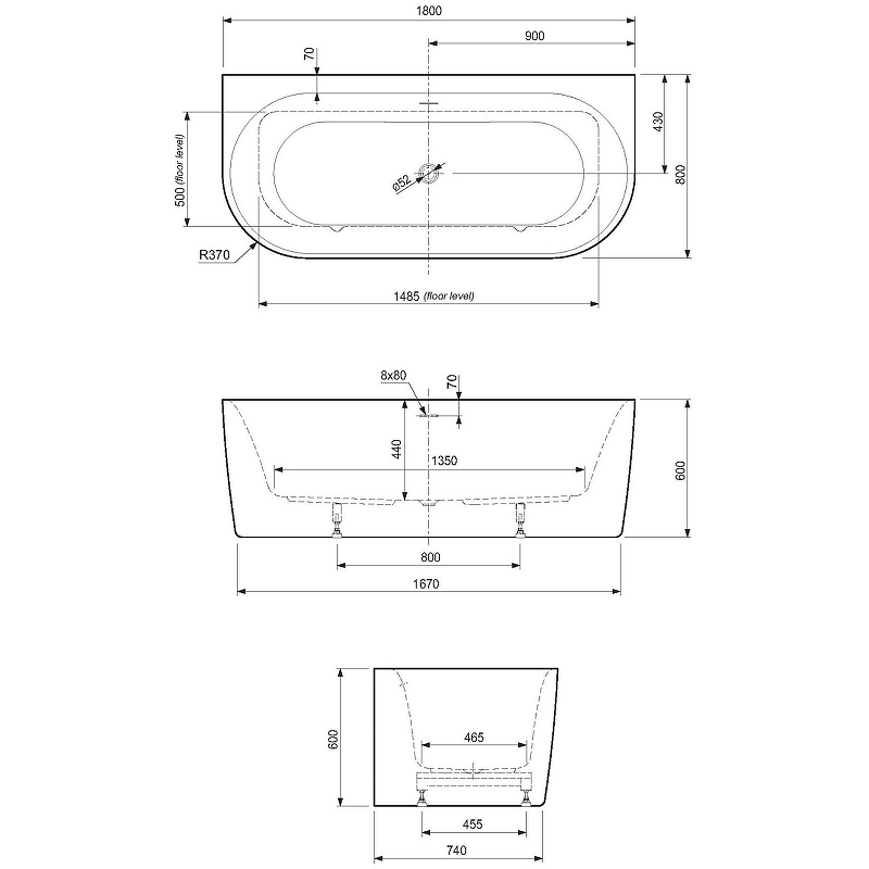 Акриловая ванна Cezares Metauro 180x80 METAURO-INT-Wall-180-80-60-G-W-MATT белый, серый матовый