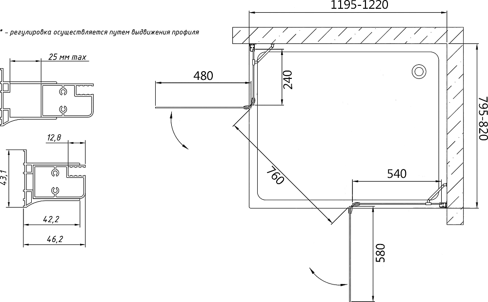 Душевой уголок Vegas Glass AFA-F 120*80 05 01 R профиль бронза, стекло прозрачное