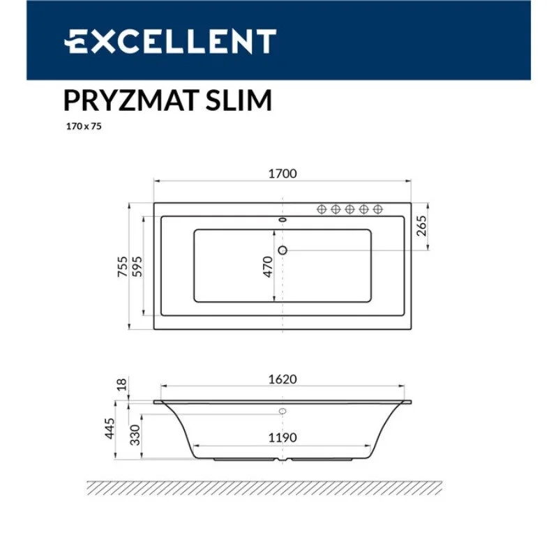 Акриловая ванна Excellent Pryzmat Slim WAEX.PRY17S.NANO.GL золото, белый