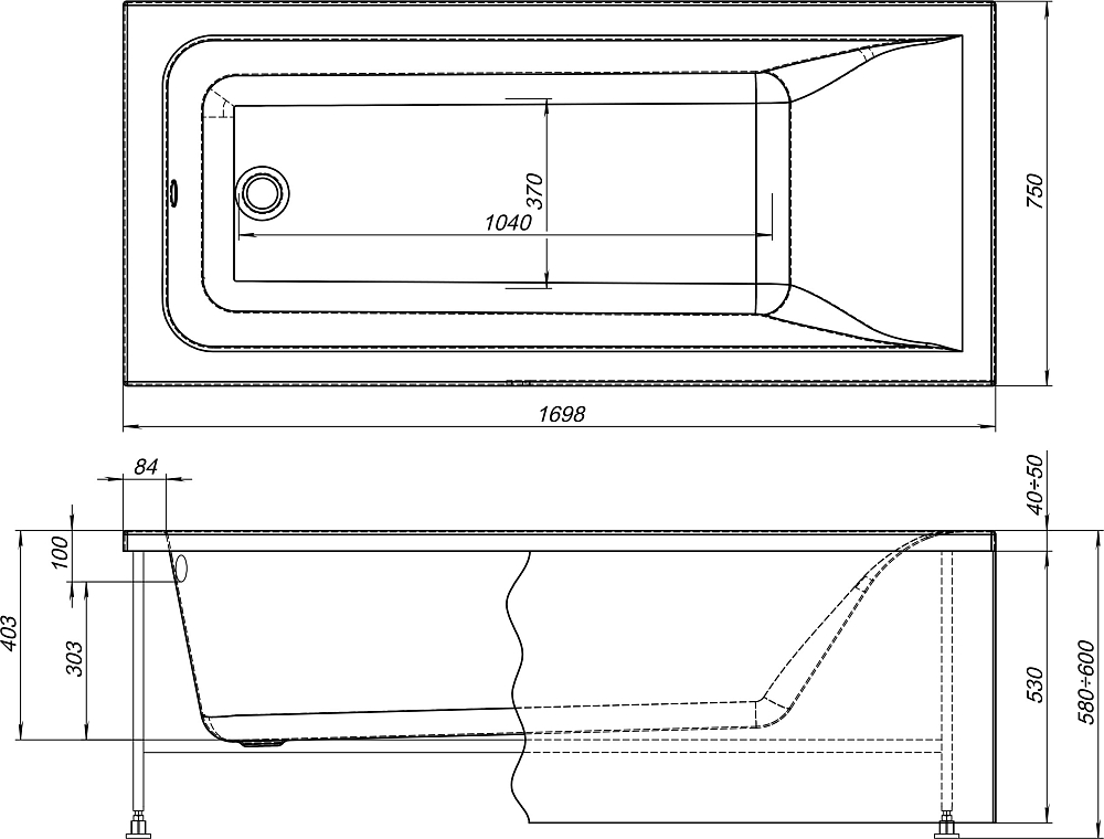 Комплект Акриловая ванна STWORKI Стокгольм 170x75 см, с каркасом + Шторка DIWO Анапа неподвижная, 70х140, профиль черный матовый, прозрачное стекло