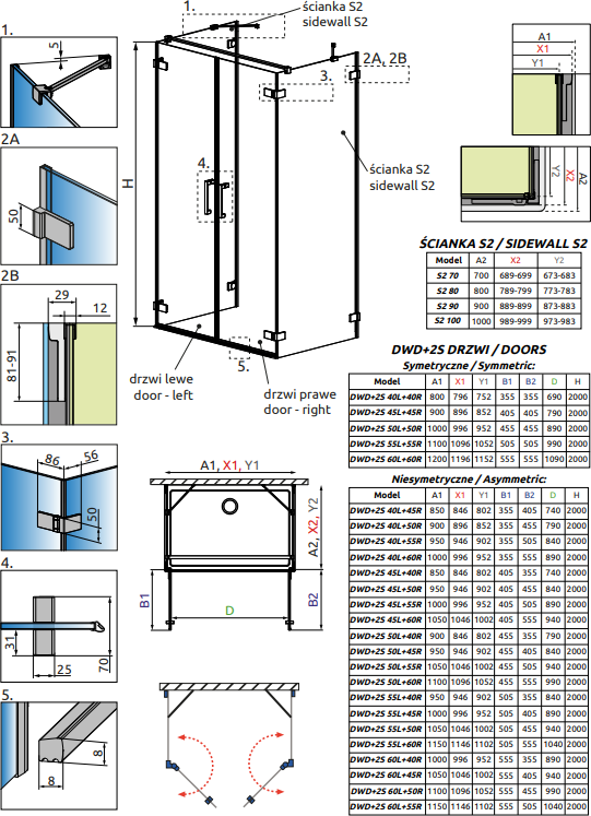 Душевая дверь в нишу 55 см Radaway Arta Door DWD+2S 55 L 386053-03-01L с петлей на углу, стекло прозрачное