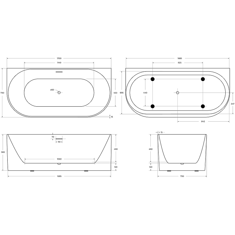 Акриловая ванна BelBagno BB412-1700-800-MATT 170x80, белый матовый