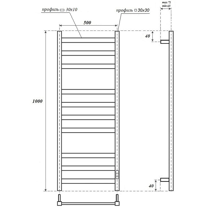 Полотенцесушитель электрический Point Меркурий PN83850B П10 500x1000 диммер справа, черный