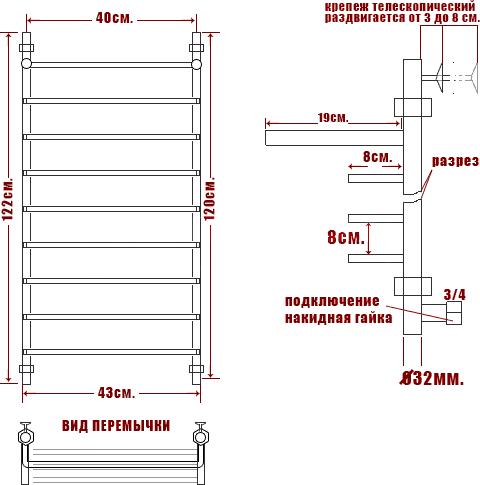 Полотенцесушитель водяной Ника Quadro Л90 ВП 120/40-8 с полкой