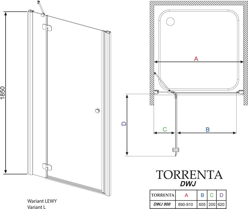 Душевая дверь в нишу Radaway Torrenta DWJ 90 прозрачное стекло L