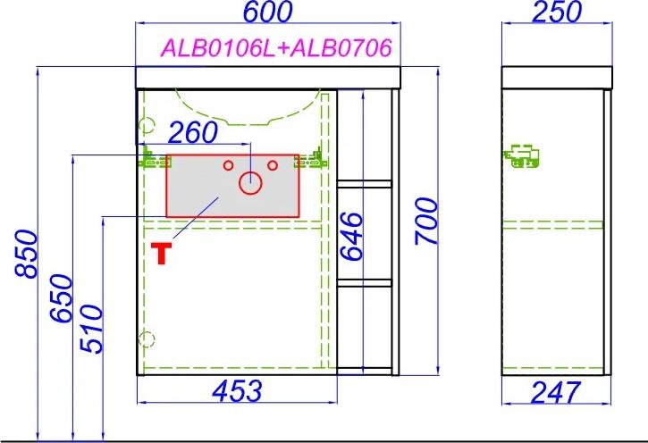 Тумба с раковиной Aqwella Alba 60 ALB0106LDD+ALB0706GRМ левая, дуб давос/серый матовый