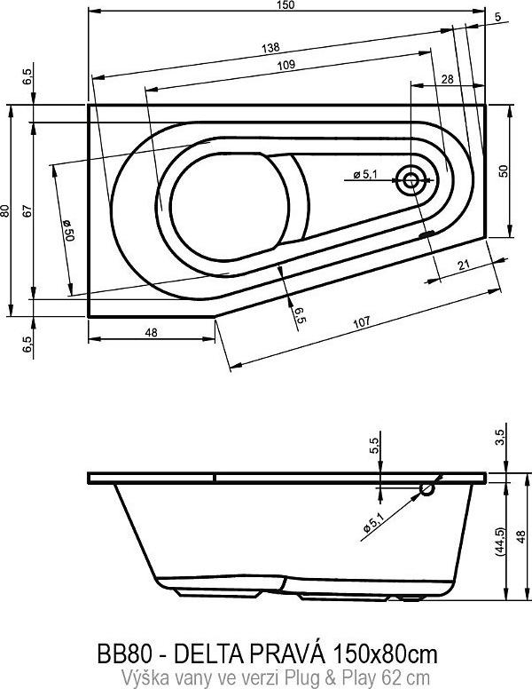 Акриловая ванна Riho Delta 150х80 R B066007005 без гидромассажа