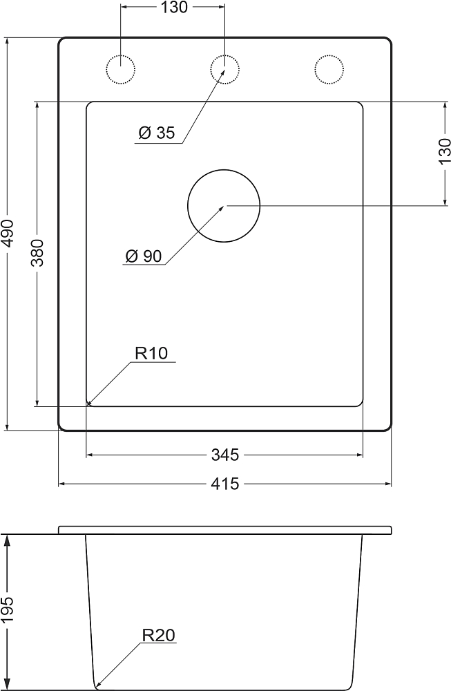 Мойка кухонная Domaci Солерно DMQ-1415.Q оникс, 42х49 см, кварцевая, прямоугольная, встраиваемая