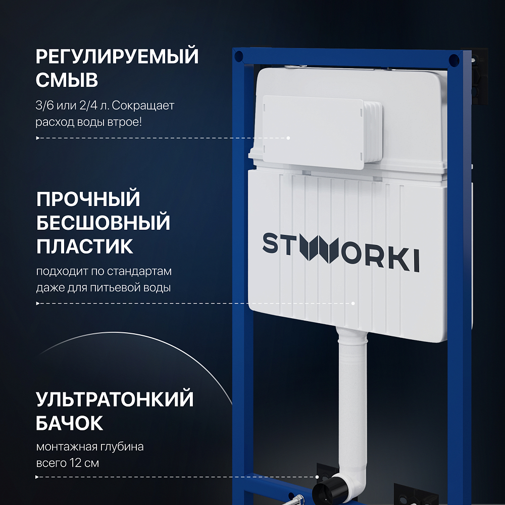 Комплект Унитаз подвесной STWORKI Карлстад 5610 безободковый + Крышка Lento 0405 с микролифтом + Инсталляция + Кнопка 230824 белая