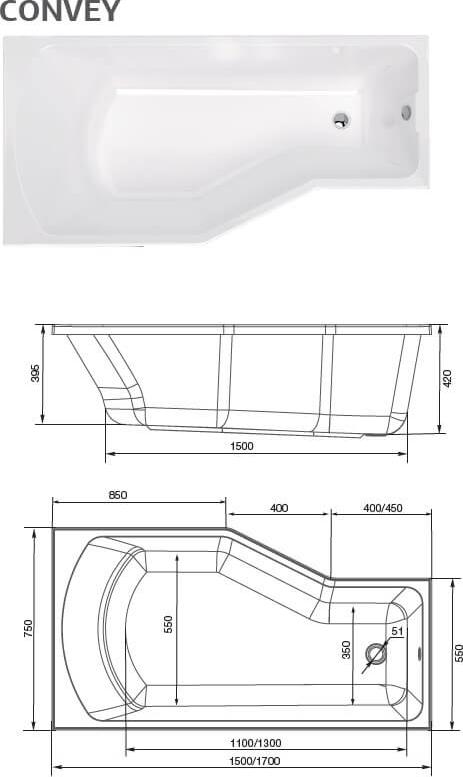 Акриловая ванна 1MarKa Convey 170x75 L 01кон1775л, без гидромассажа