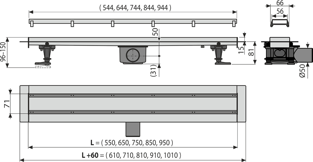 Душевой лоток Alcaplast Fit and Go APZ13-DOUBLE9-550 с двухсторонней решеткой