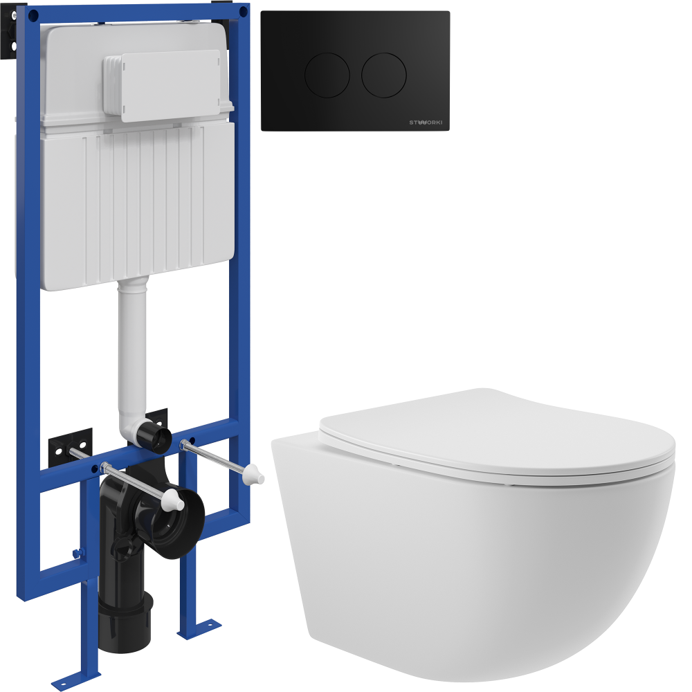 Комплект Унитаз подвесной Aqueduto Ovo OVO0120 безободковый, с микролифтом, белый матовый + Инсталляция STWORKI + Кнопка Хельсинки 500471 черная матовая