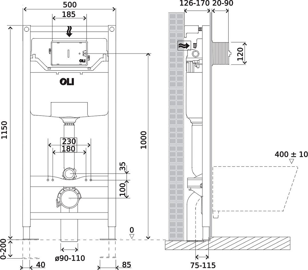 OLI 120 ECO Sanitarblock pneumatic + кнопка KARISMA, OLI + Унитаз Point Виктория PN41061