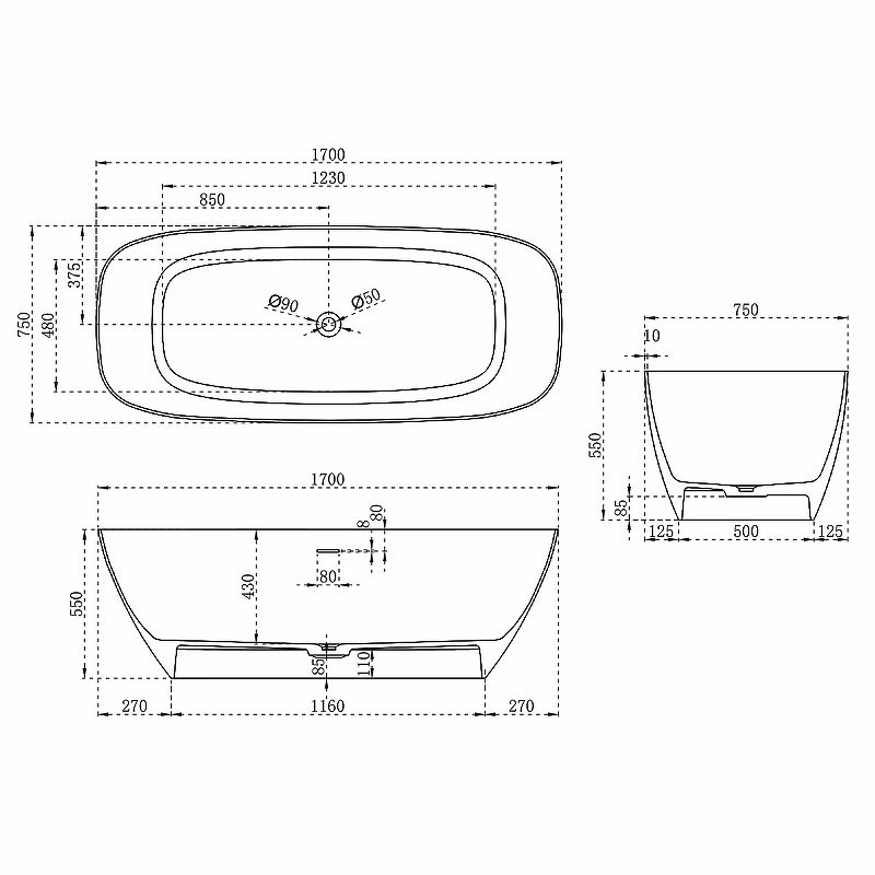 Ванна из искусственного камня Vincea 170x75 VBT-6S02MW, белая матовая