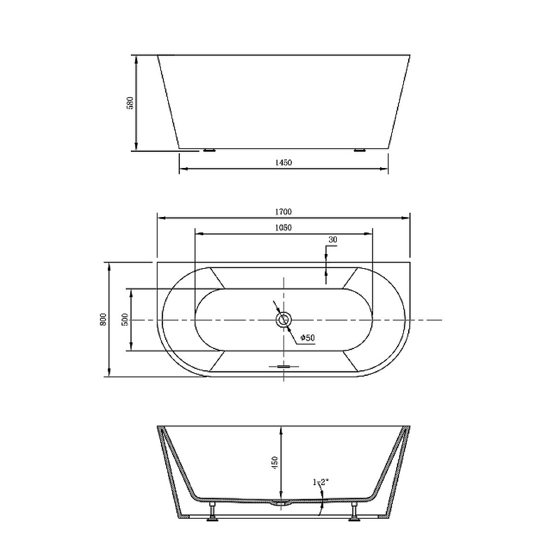 Акриловая ванна Vincea 170x80 VBT-421-1700 без гидромассажа