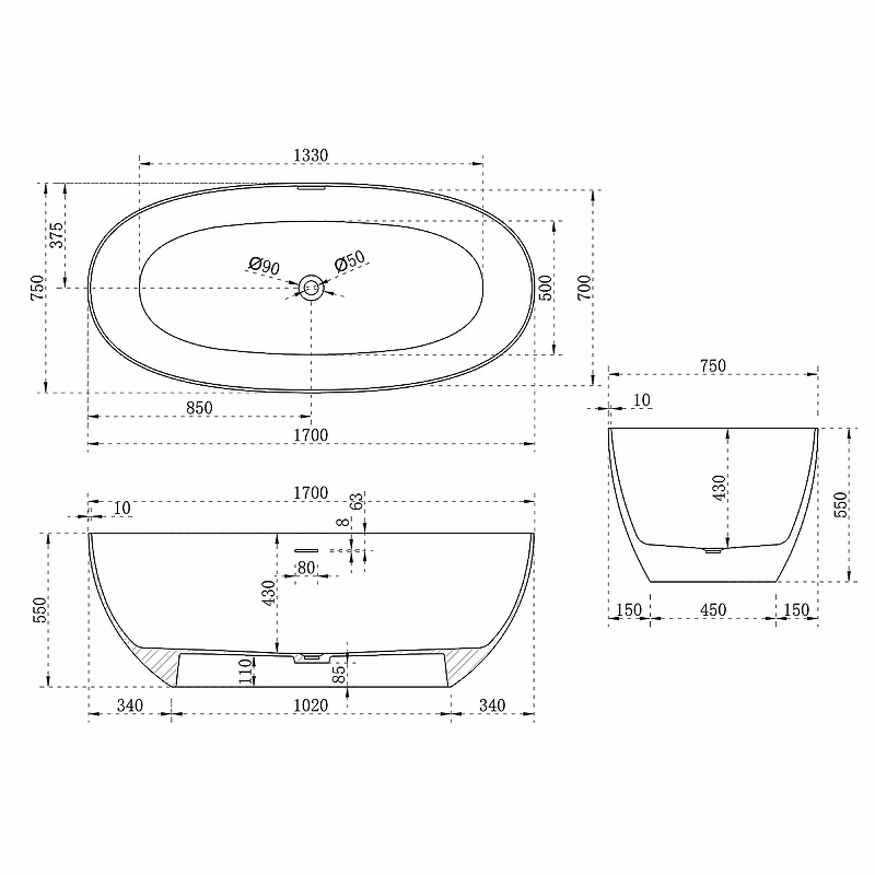 Ванна из искусственного камня Vincea 170x75 VBT-6S01MW, серая