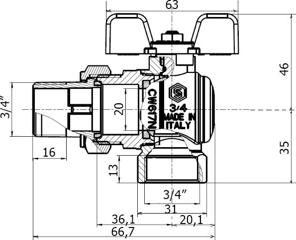 Шаровый кран Stout SVB-0008 3/4 вн-нар полнопроходной с американкой ручка бабочка