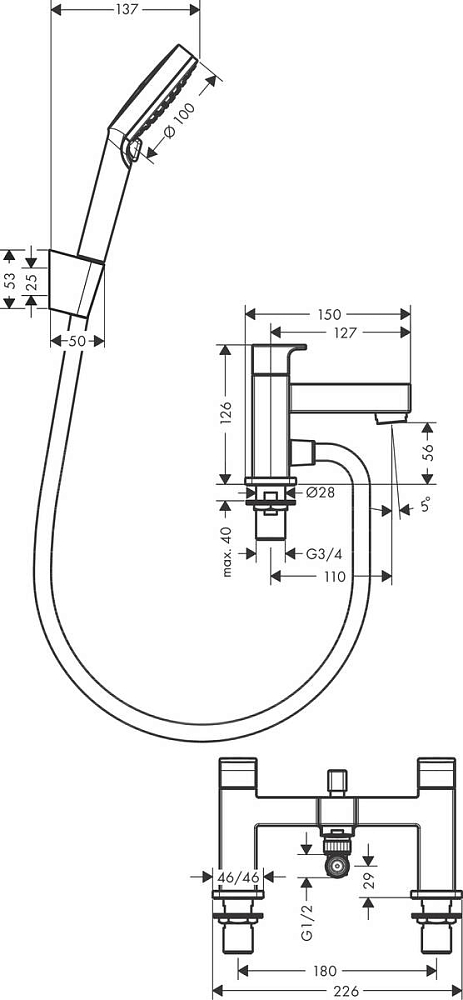 Смеситель на борт ванны Hansgrohe Vernis Shape 71462670, матовый чёрный