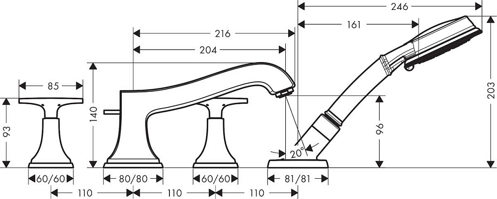 Смеситель Hansgrohe Metropol Classic 31449000 на борт ванны БЕЗ ВНУТРЕННЕЙ ЧАСТИ