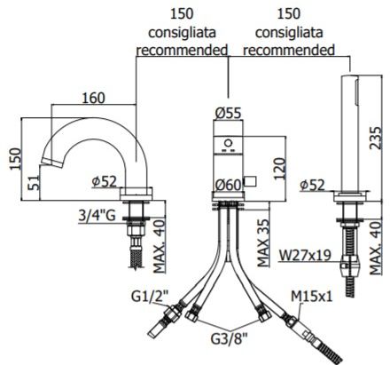 Смеситель для ванны Paffoni Light LIG047HG золото