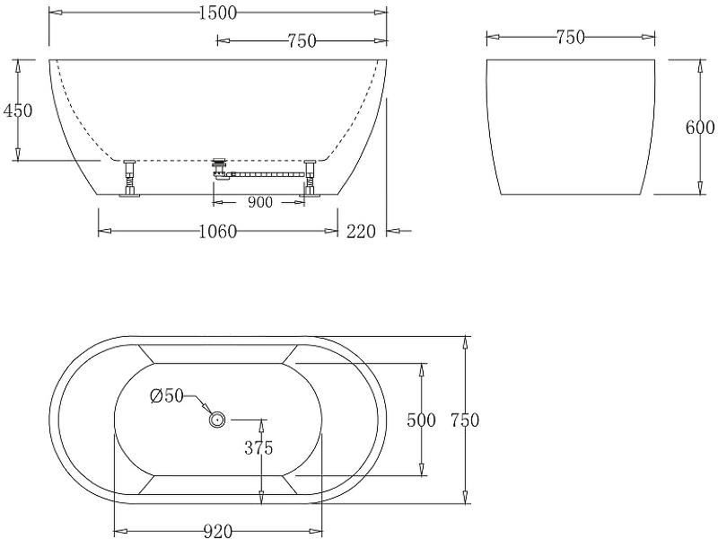 Акриловая ванна BelBagno BB70-1500-W0 150x75, белый