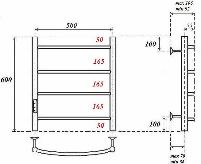 Полотенцесушитель электрический Point PN04756 П4 500x600 диммер слева, хром