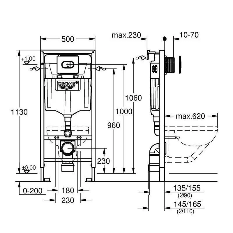 Инсталляция для подвесного унитаза Grohe Rapid SL Solido 3 в 1 с клавишей Arena Cosmopolitan, 38981000