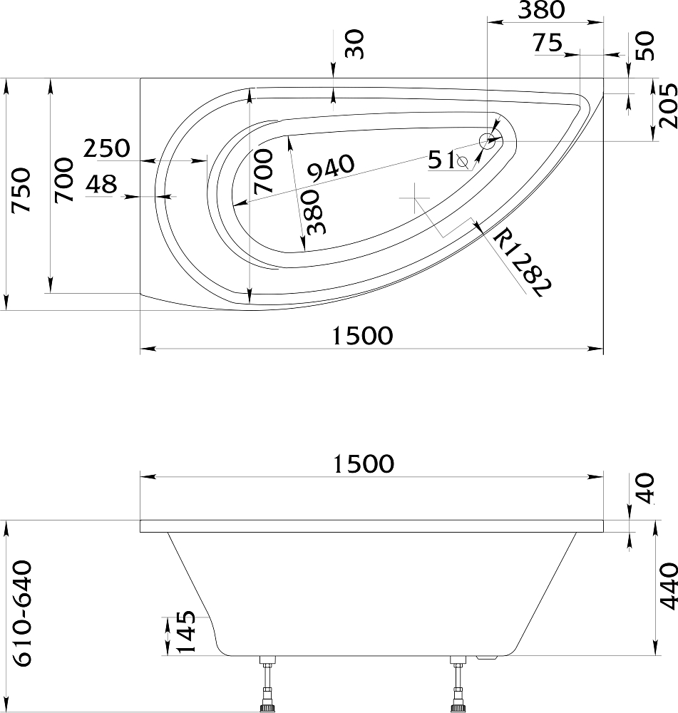 Акриловая ванна STWORKI Лунд L 150x75 см, угловая, с каркасом, асимметричная