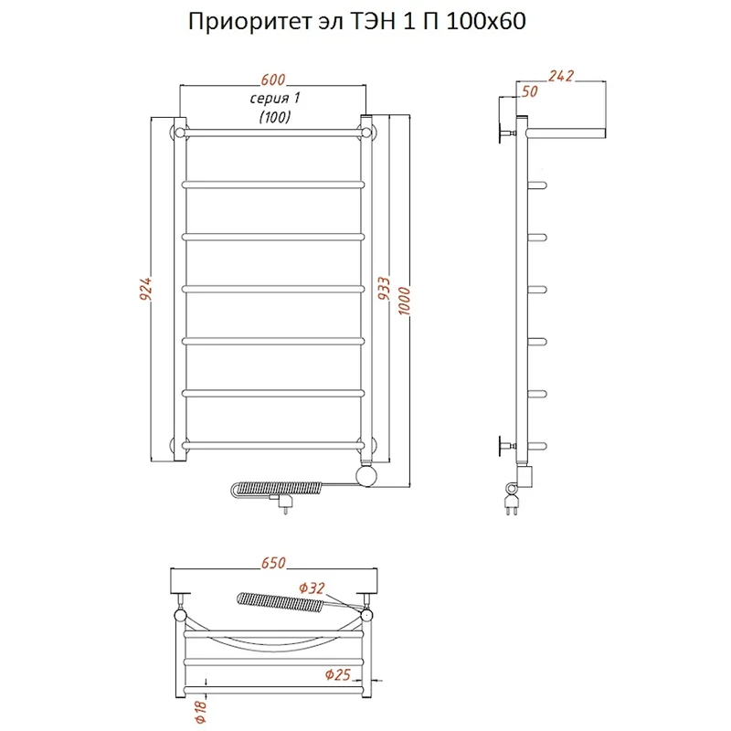 Полотенцесушитель электрический Тругор Приоритет серия 1 Приоритет1/элТЭН10060П хром