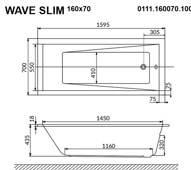 Акриловая ванна Whitecross Wave Slim 0111.160070.100.SMARTNANO.GL золото, белый