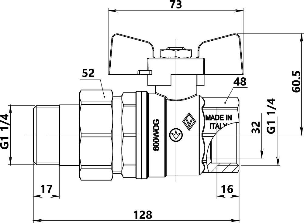 Шаровый кран Bugatti Oregon 322 1 1/4 нар-вн с накидной гайкой бабочка