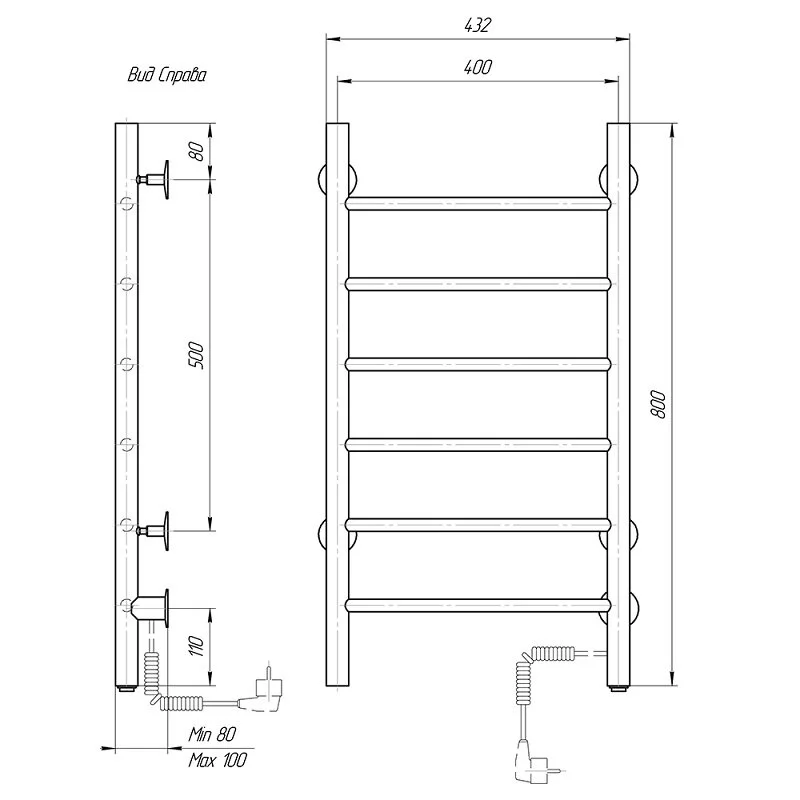 Полотенцесушитель электрический Domoterm Аврора DMT 109-6 40x80 БЕЛ EK R белый