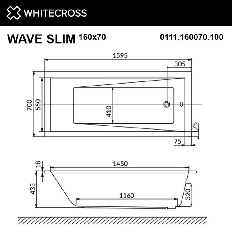 Акриловая ванна Whitecross Wave Slim 0111.160070.100.RELAX.CR хром, белый