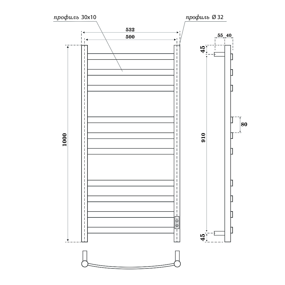 Полотенцесушитель электрический Point Антея PN17850B П10 500x1000, диммер справа, черный