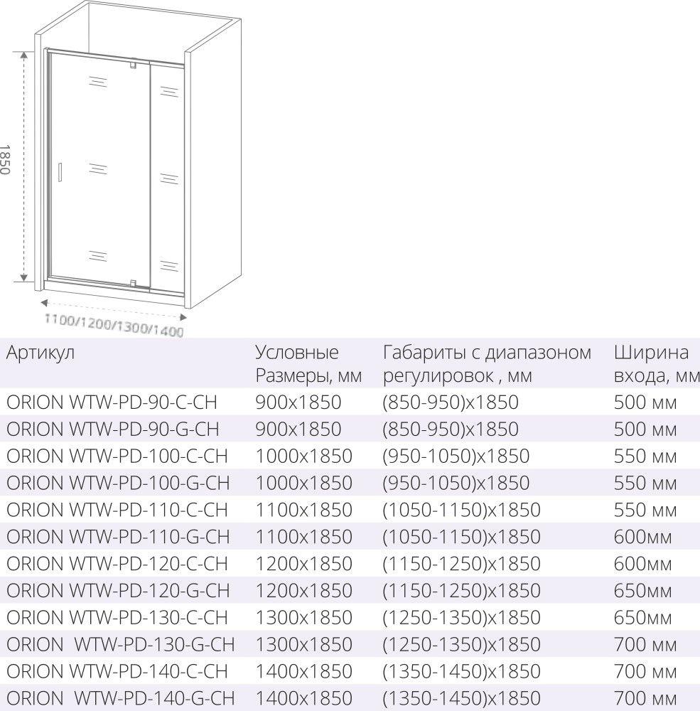 Душевая дверь в нишу 130 см Good Door Orion WTW-PD-130-C-CH ОР00022 стекло прозрачное