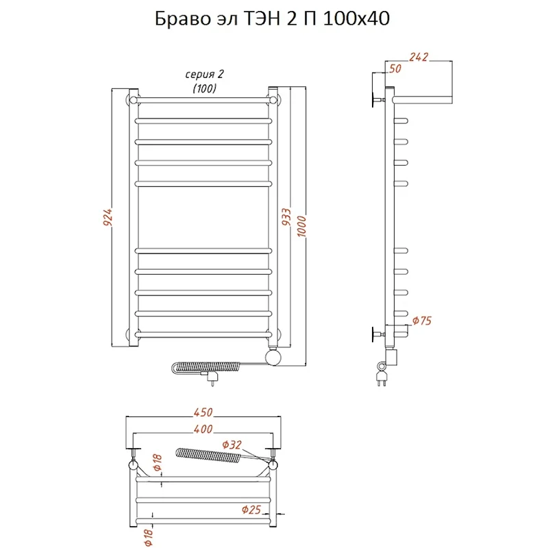 Полотенцесушитель электрический Тругор Браво серия 2 Браво2/элТЭН10040П хром