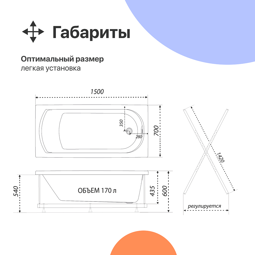 Акриловая ванна DIWO Углич 150x70 см, с каркасом