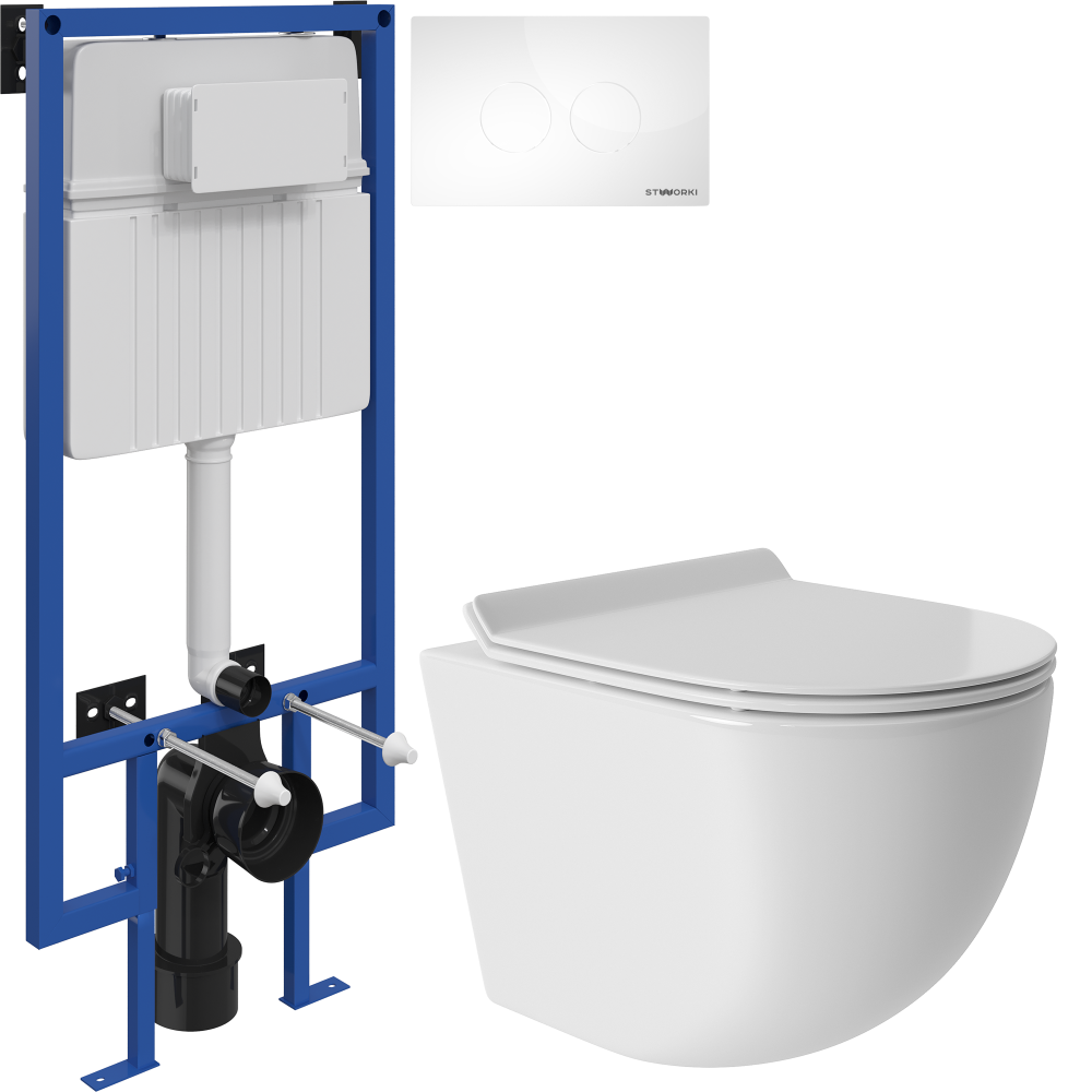 Комплект Унитаз подвесной Aqueduto Ovo Tornado OVOT0110 безободковый, с микролифтом, белый глянцевый + Инсталляция STWORKI + Кнопка Хельсинки 500470 белая
