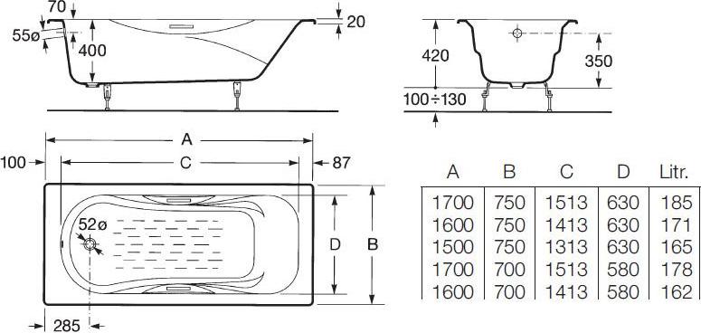 Чугунная ванна Roca Malibu 160х70 2334G0000, с отверстиями для ручек