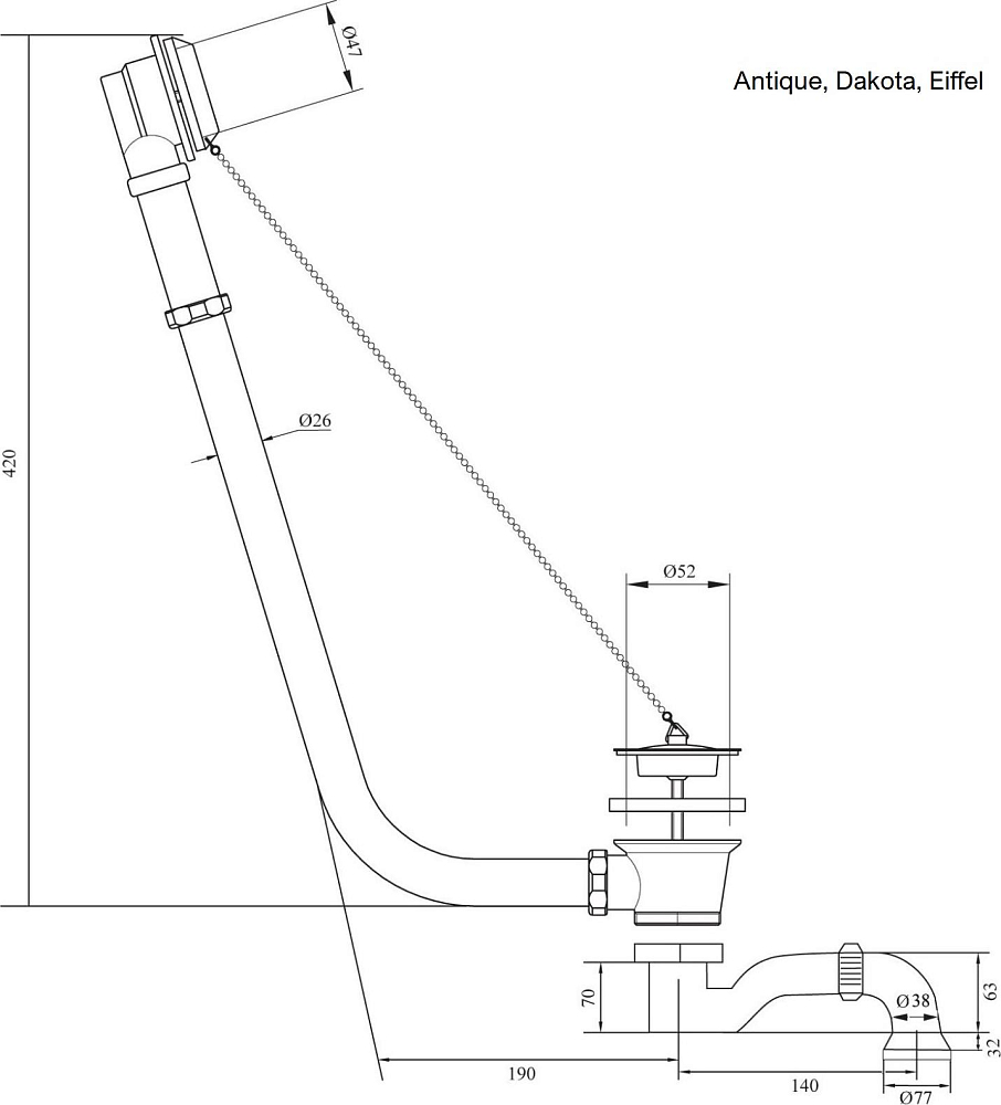 Слив-перелив для ванны Recor Antica 1200cr, хром