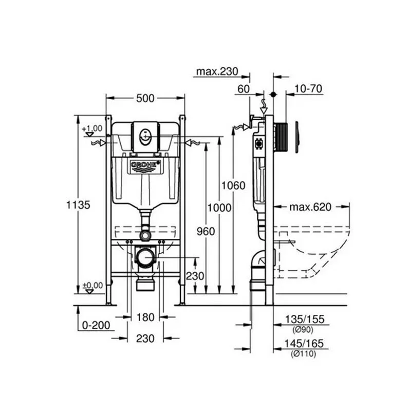 Инсталляция Grohe Rapid SL 38745001, унитаз белый BeWash Minimal BKWHR003480, сиденье микролифт, клавиша Skate Air хром, комплект GR7450480