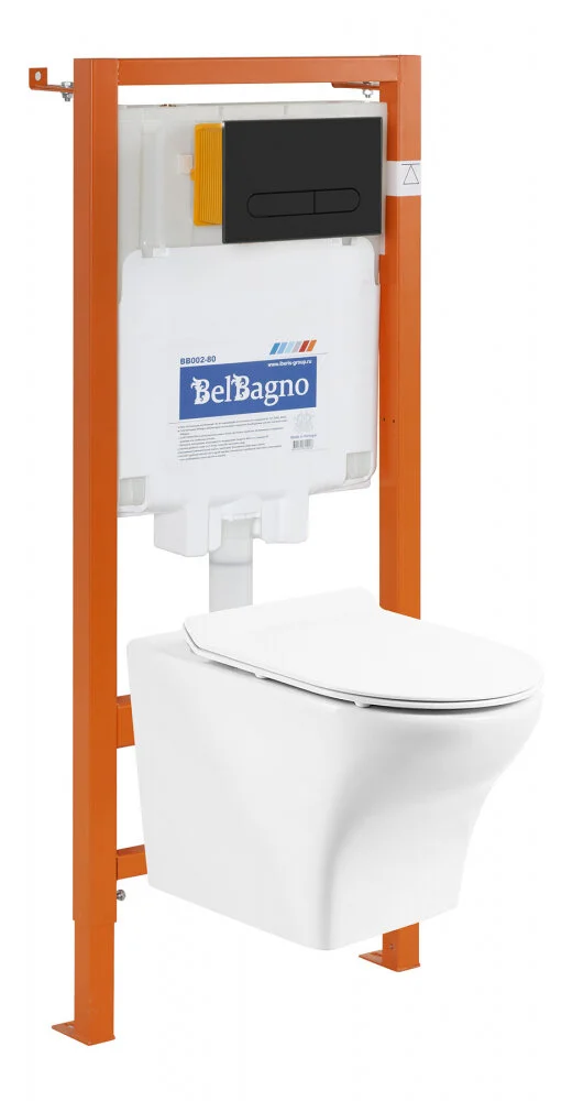 Инсталляция BelBagno с унитазом BelBagno Kraft BB064CHR, тонкое сиденье с микролифтом, клавиша черная матовая, комплект 4 в 1