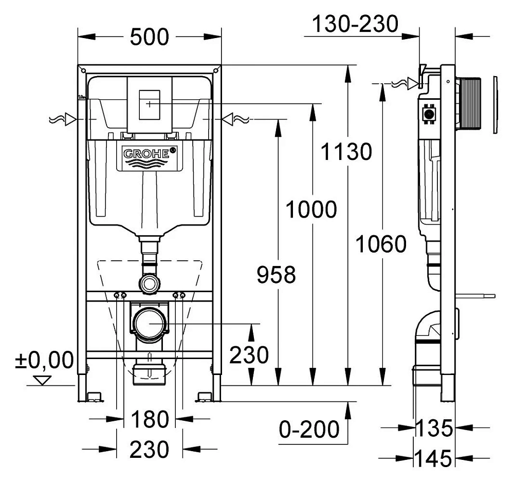 Инсталляция Grohe с безободковым унитазом BelBagno Sfera-R BB513CH, клавиша хром, сиденье микролифт, комплект