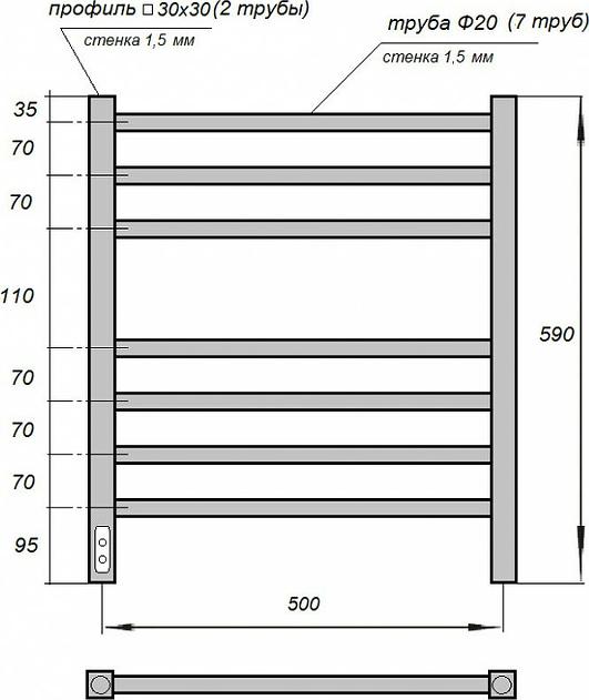 Полотенцесушитель электрический Point PN70756B П7 500x600, диммер слева, черный