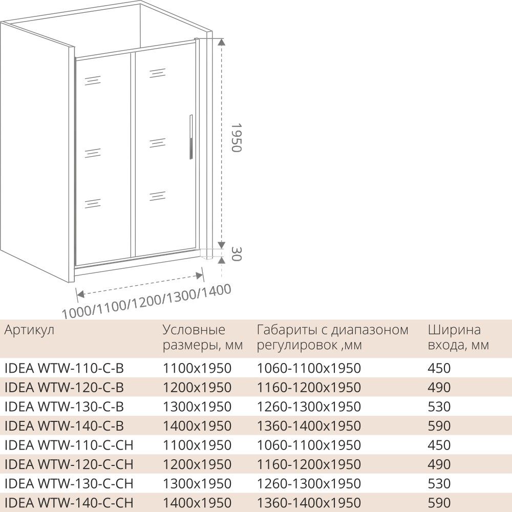 Душевая дверь в нишу 130 см Good Door Idea WTW-130-C-B ИД00010 стекло прозрачное