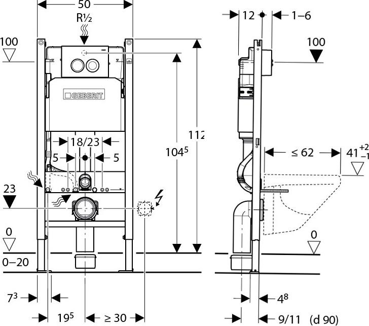 Комплект Система инсталляции для унитазов Geberit Duofix Delta 458.124.21.1 3 в 1 с кнопкой смыва + Чаша подвесного унитаза VitrA Form 500 4305B003-0850 с функцией биде и сиденьем микролифт