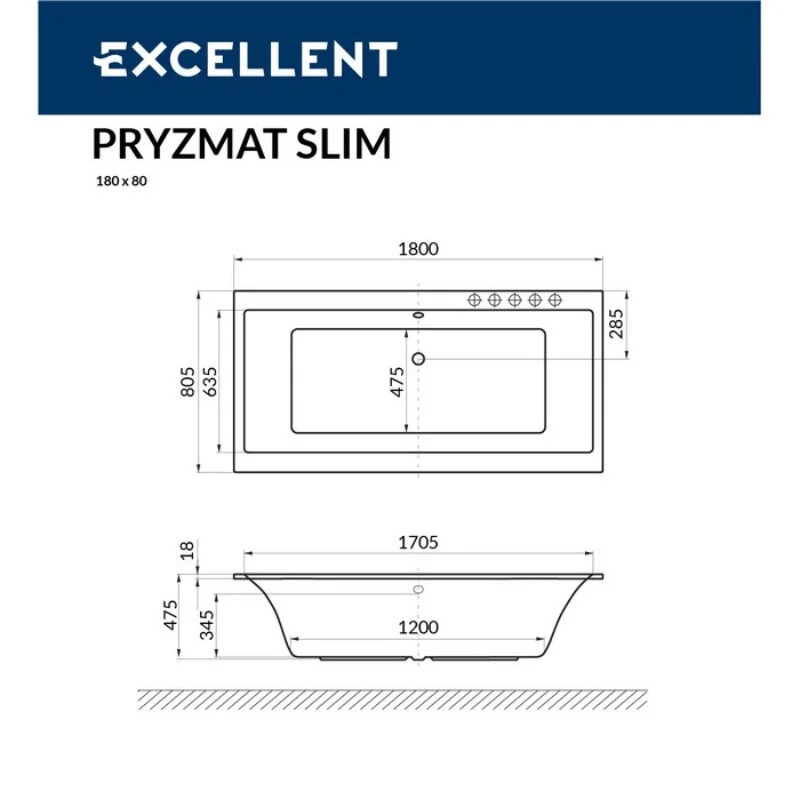 Акриловая ванна Excellent Pryzmat Slim WAEX.PRY18S.NANO.GL золото, белый