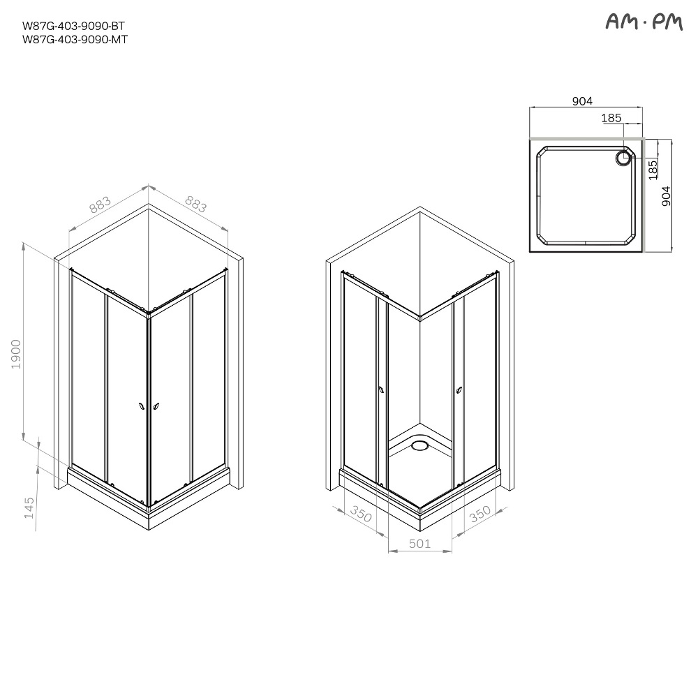 Душевой уголок Am.Pm Sunny W87G-403-9090-MT профиль хром матовый, стекло прозрачное